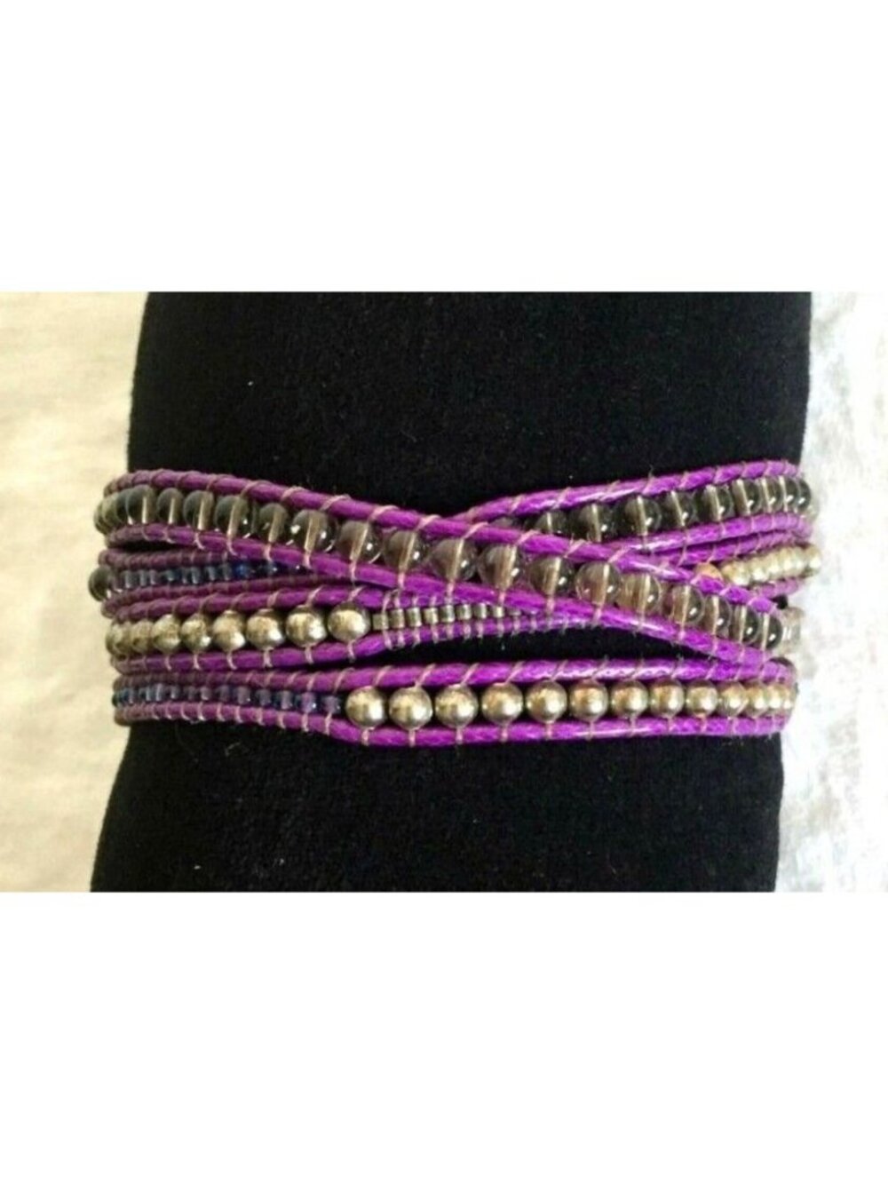 Purple Leather Wrap Crystal Sterling Ball Bracelet